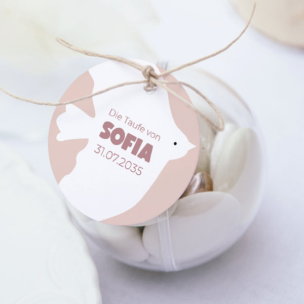 Geschenkbox Taufe Kugel mit runder Etikette Rosa Taube foto