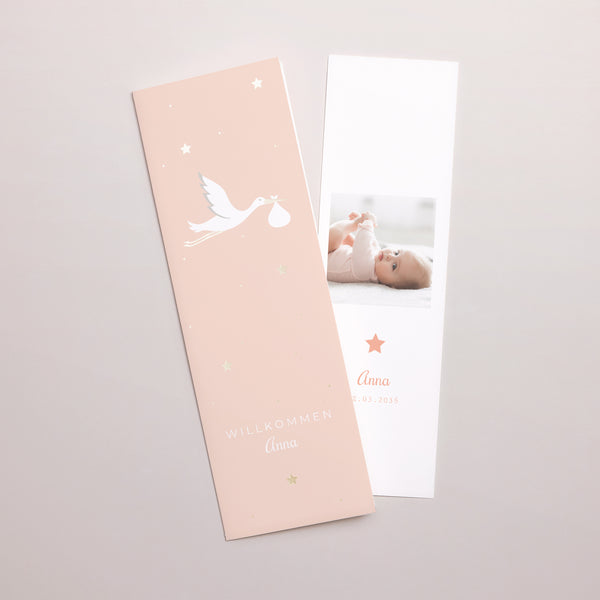 Geburtskarten Fotoautomaten Lesezeichen Rosa Storch foto