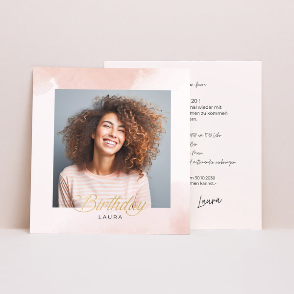Einladungskarte Geburtstag Quadrat Rosa und Pudergold foto