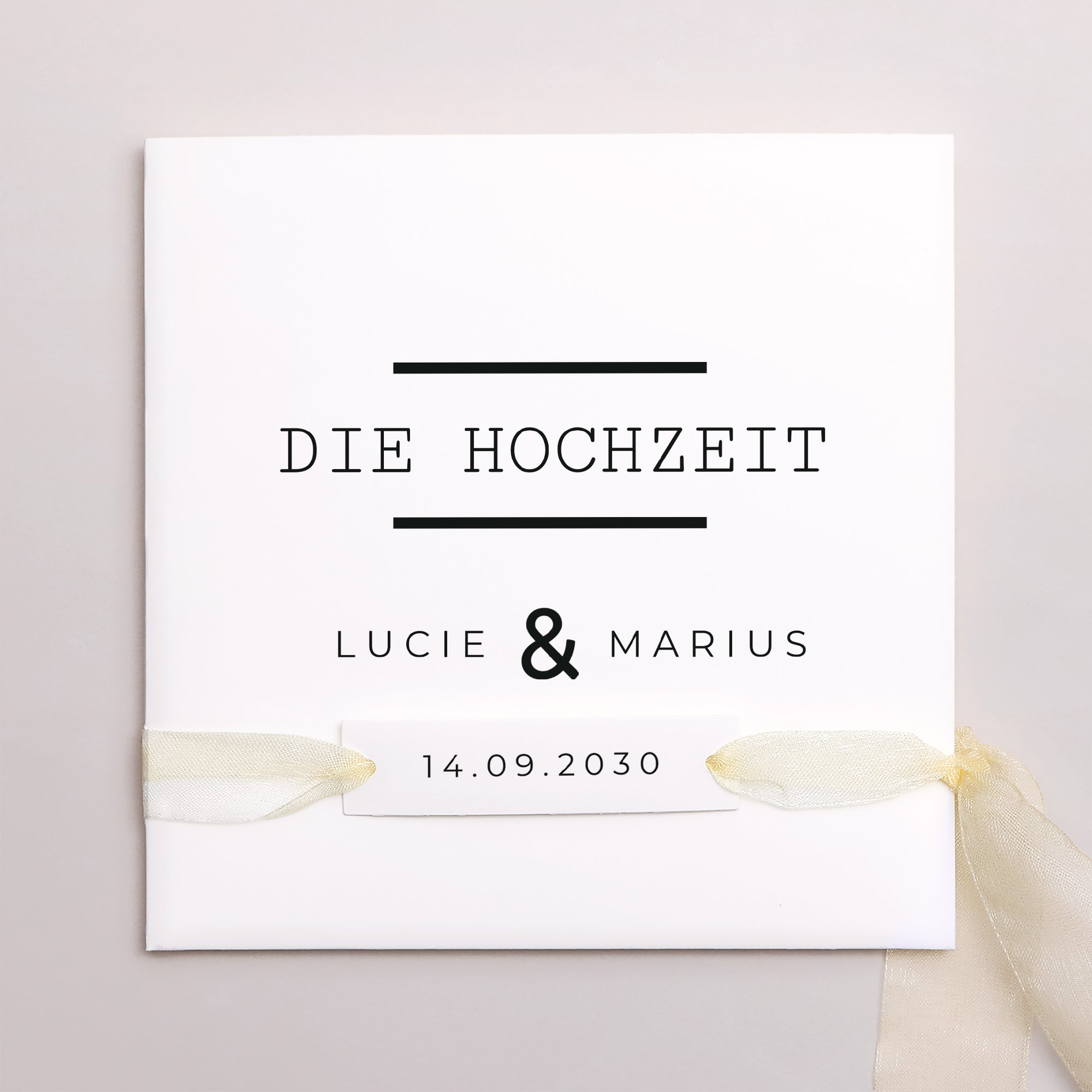 Hochzeitseinladung Quadratische Hülle, 3 Karten, Etikett Cappuccino foto N° 1