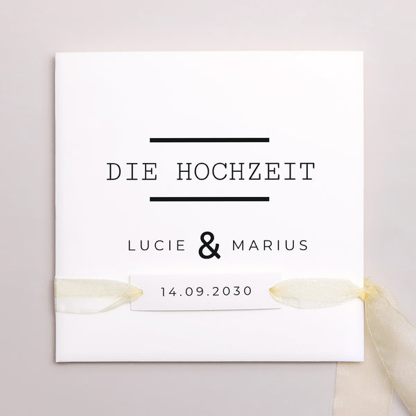 Hochzeitseinladung Quadratische Hülle, 3 Karten, Etikett Cappuccino foto
