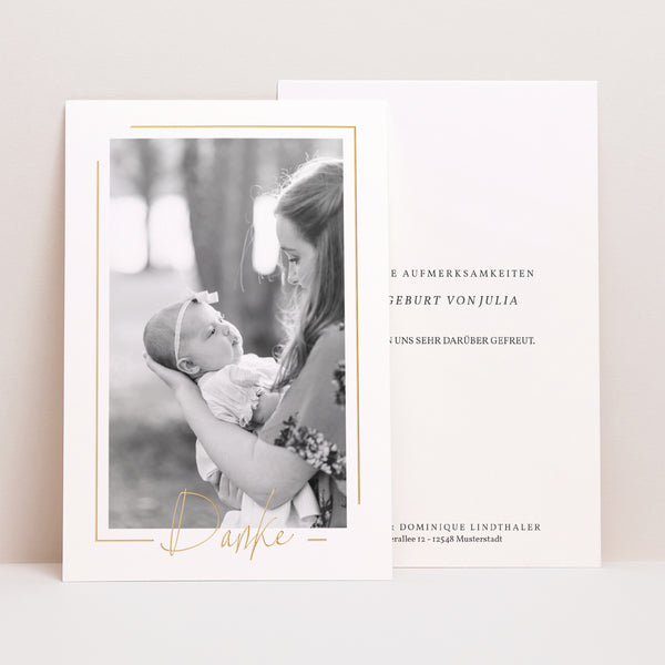 Dankeskarte Geburt PortraitPorträt Baby Girl Gold foto