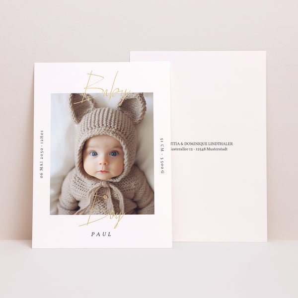 Geburtskarten Baby Boy Gold foto