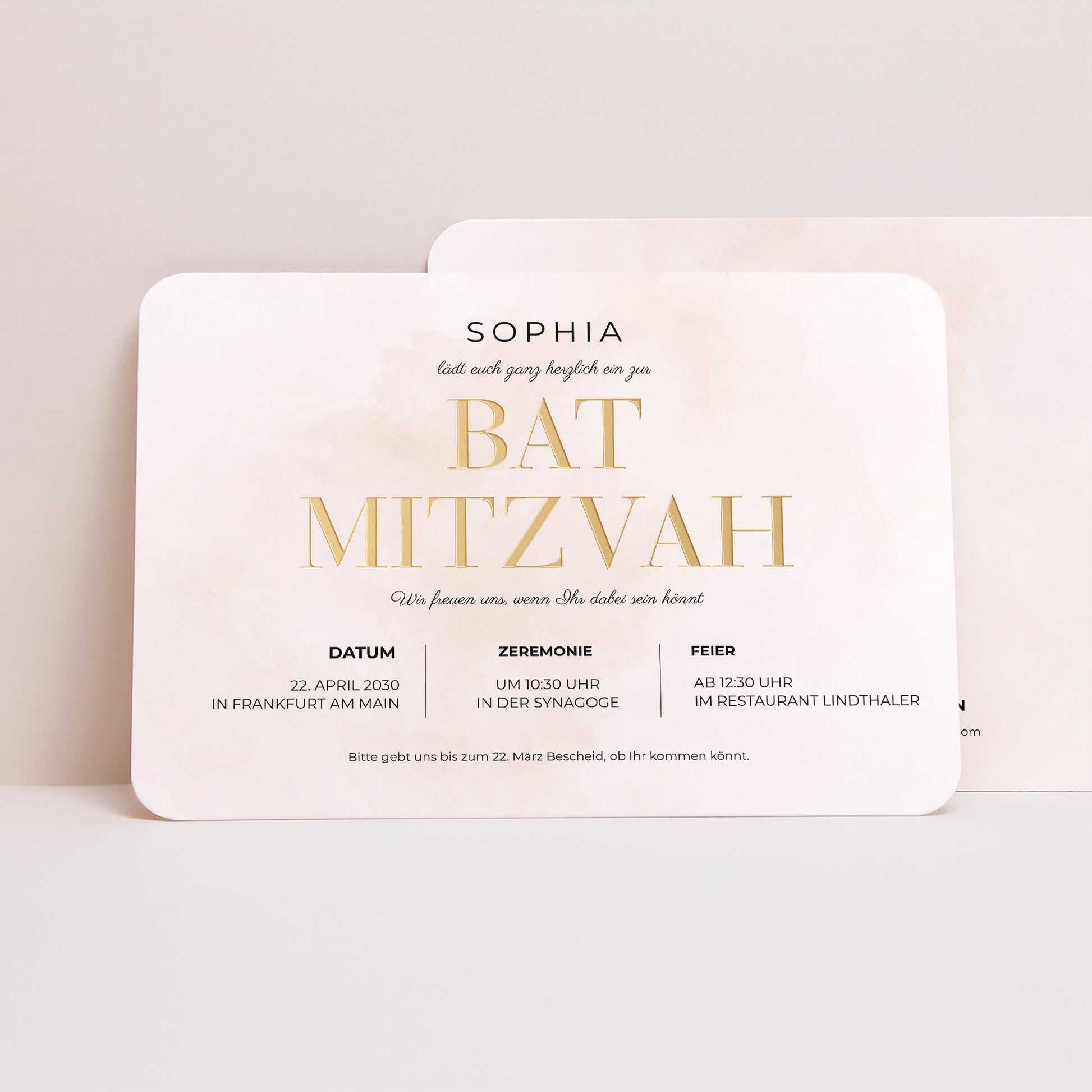 Einladungskarte Bat Mitzvah Landschaft, abgerundete Ränder Rosenwasser foto N° 1
