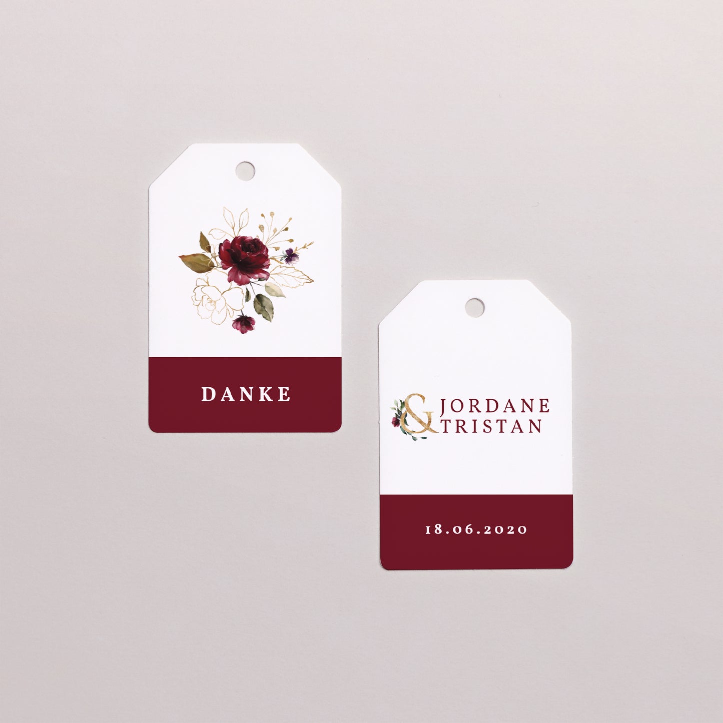Vorgelochtes Etikett Hochzeit Fähnchen Marsala-Blumen foto N° 1
