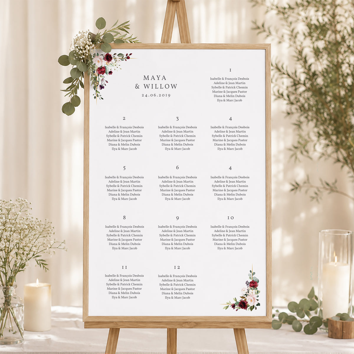 Sitzplan Hochzeit Porträt 60 x 90 cm Krone Marsala foto N° 1