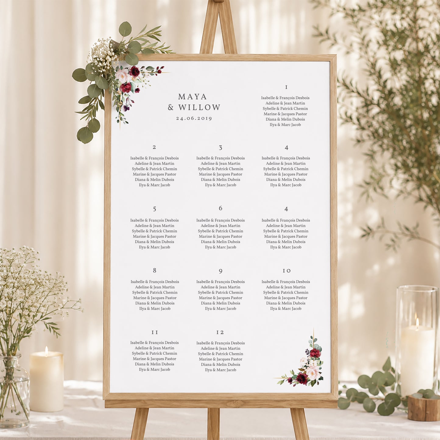 Sitzplan Hochzeit Porträt 60 x 90 cm Krone Marsala foto N° 1