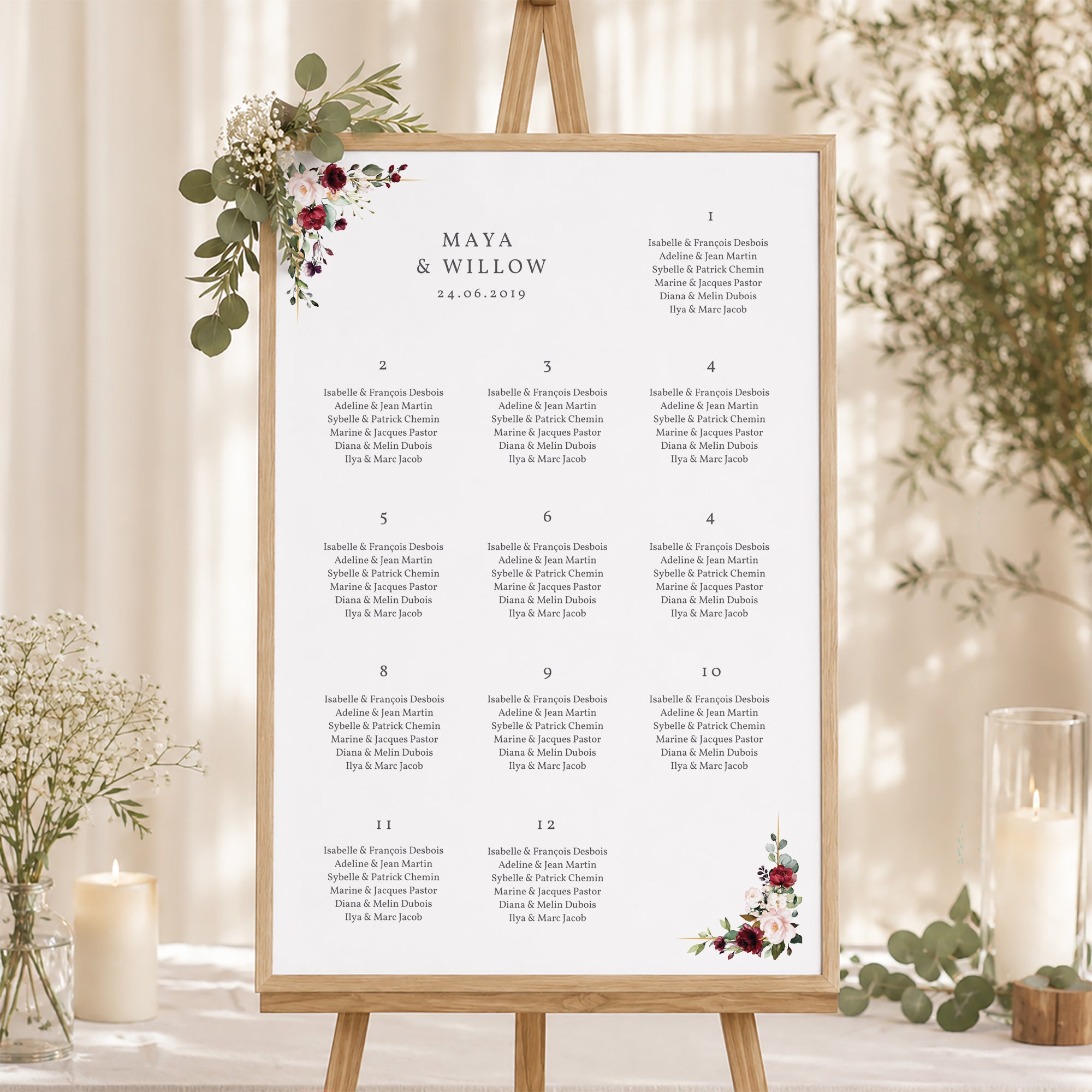 Sitzplan Hochzeit Porträt 60 x 90 cm Krone Marsala foto N° 1