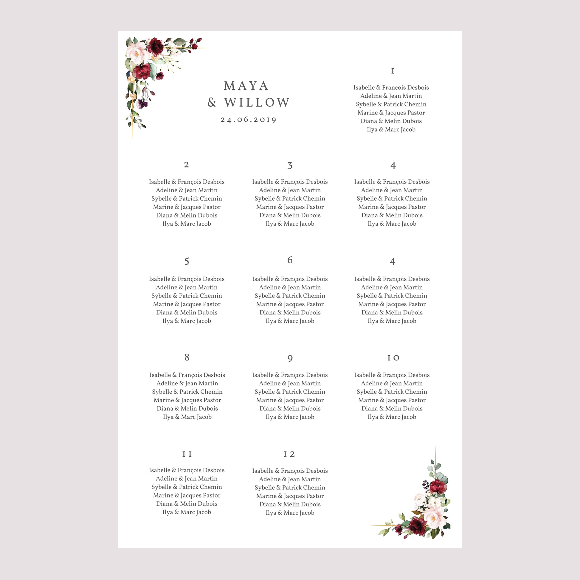 Sitzplan Hochzeit Porträt 60 x 90 cm Krone Marsala foto N° 2