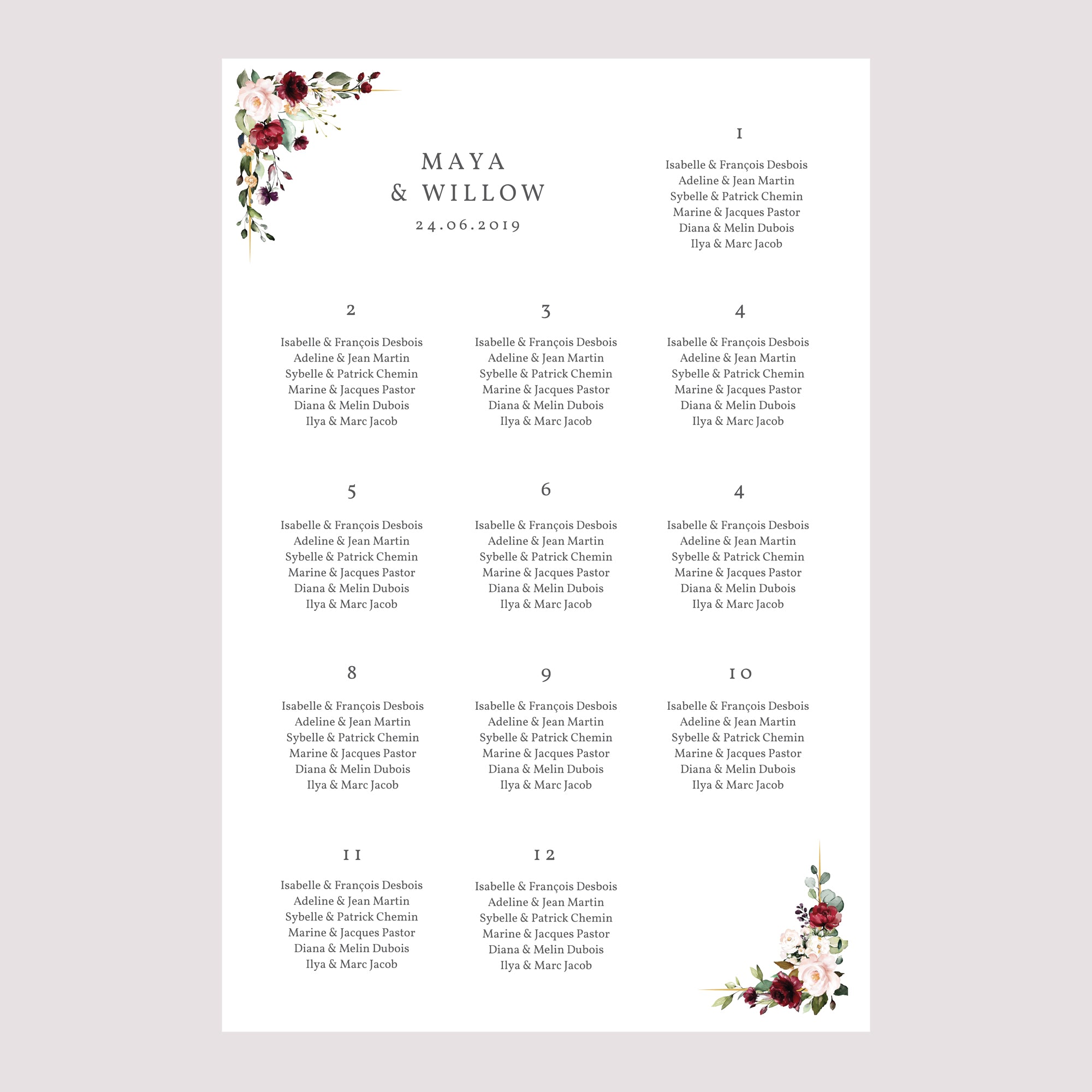 Sitzplan Hochzeit Porträt 60 x 90 cm Krone Marsala foto N° 2
