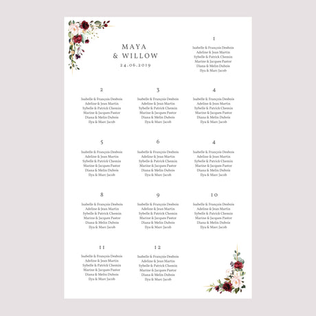Sitzplan Hochzeit Porträt 60 x 90 cm Krone Marsala