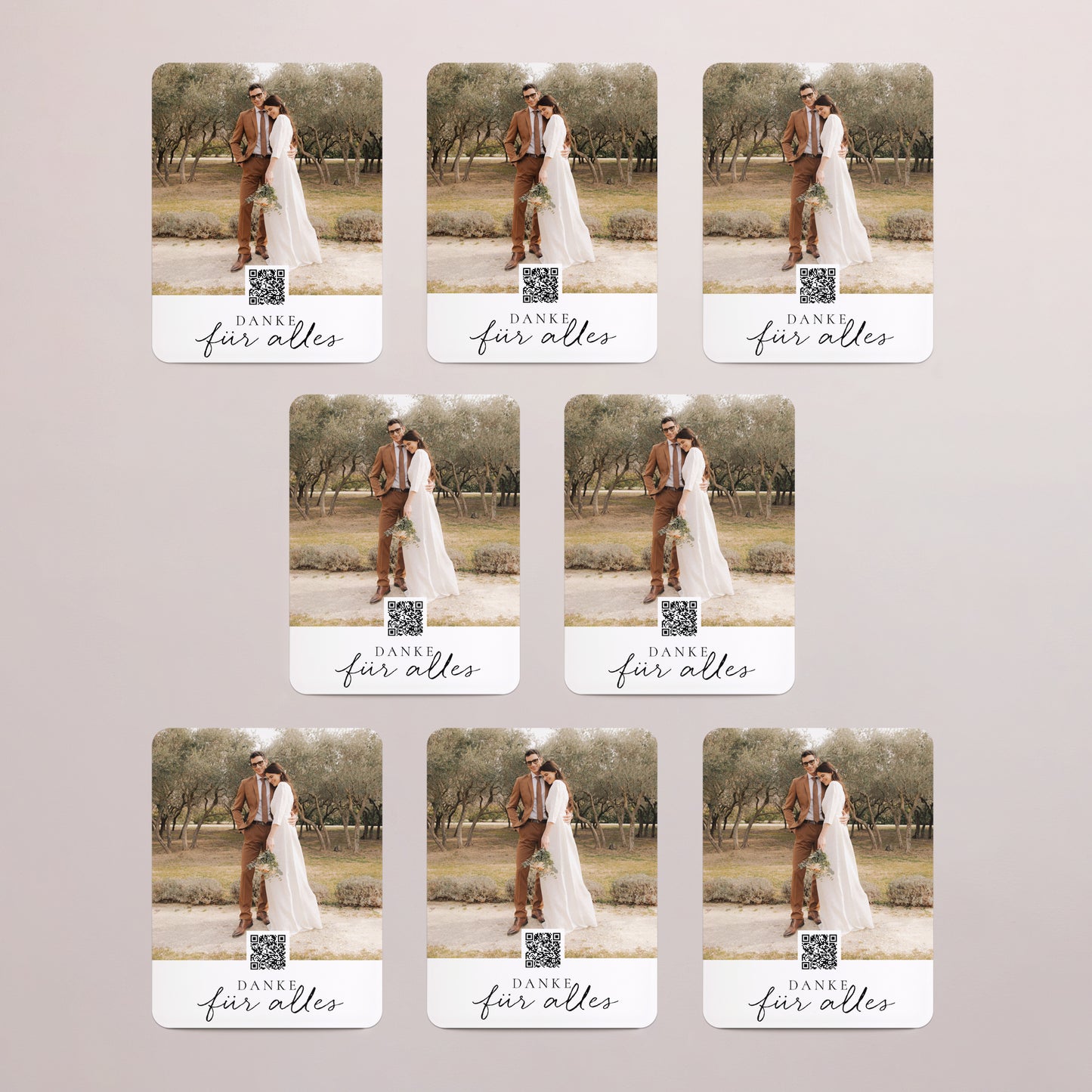 Dankeskarte Hochzeit Set von 8, magnetisch, rechteckig mit abgerundeten Ecken Zimtfarbene Kalligraphie foto N° 3