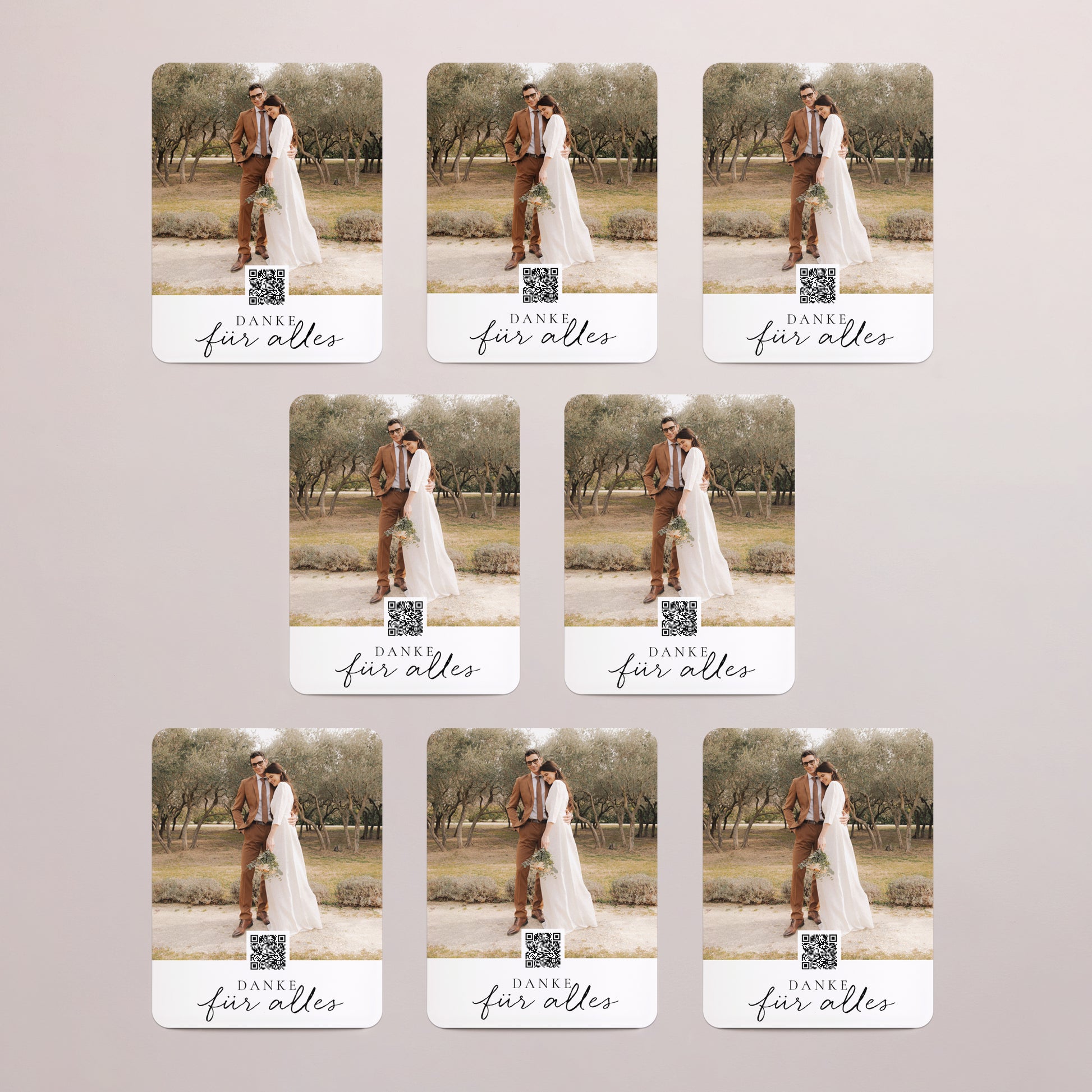 Dankeskarte Hochzeit Set von 8, magnetisch, rechteckig mit abgerundeten Ecken Zimtfarbene Kalligraphie foto N° 3