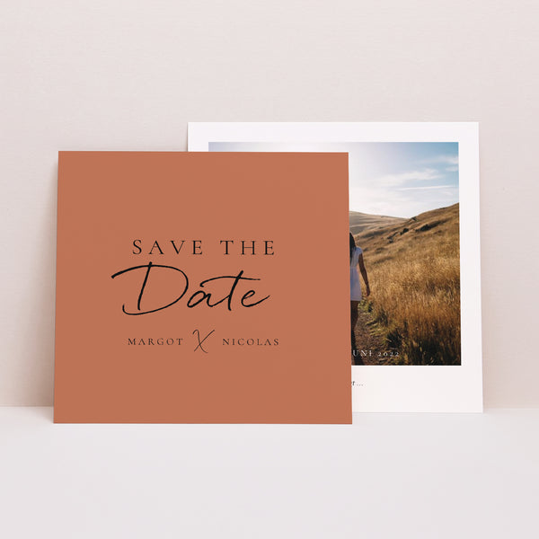 Save the date Karte Hochzeit Quadrat Zimtfarbene Kalligraphie foto