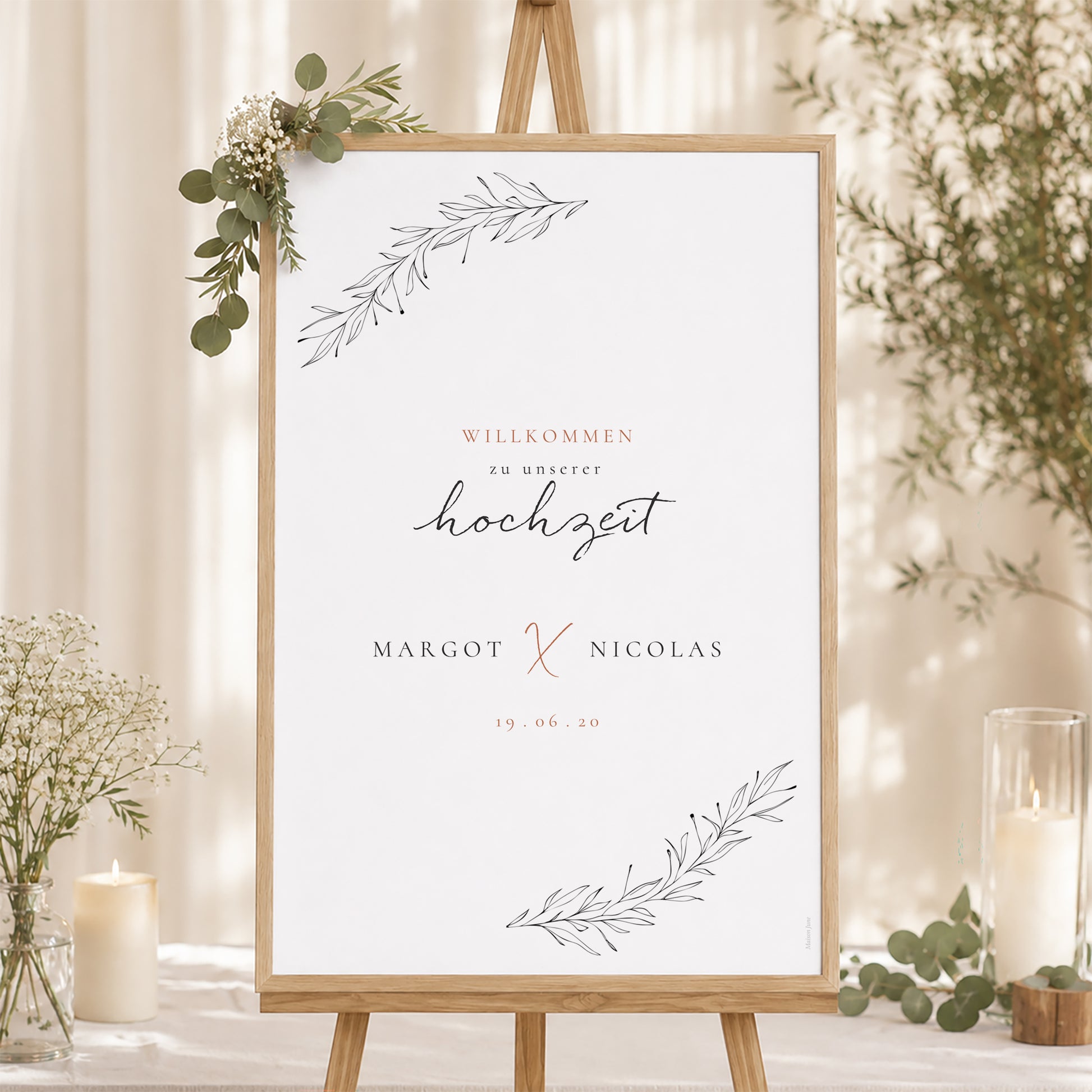 Begrüßungstafel Hochzeit Porträt 60 x 90 cm Zimtfarbene Kalligraphie foto N° 1