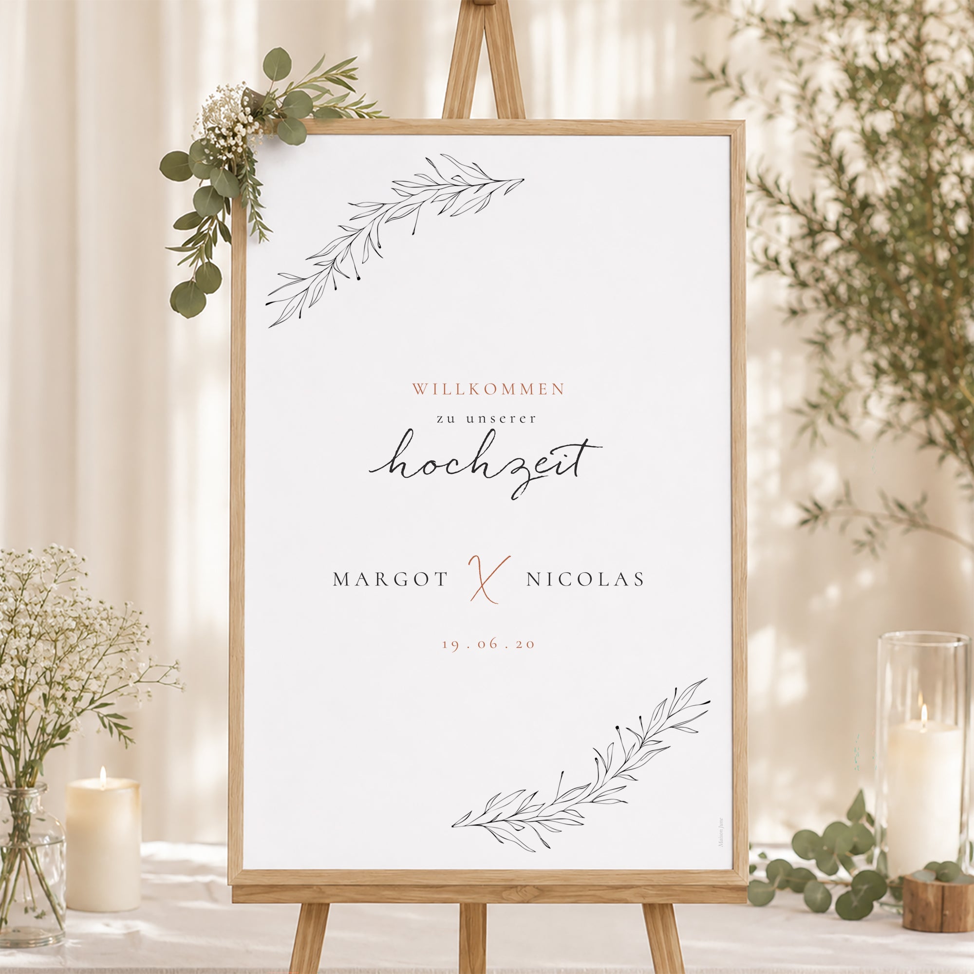 Begrüßungstafel Hochzeit Porträt 60 x 90 cm Zimtfarbene Kalligraphie foto N° 1