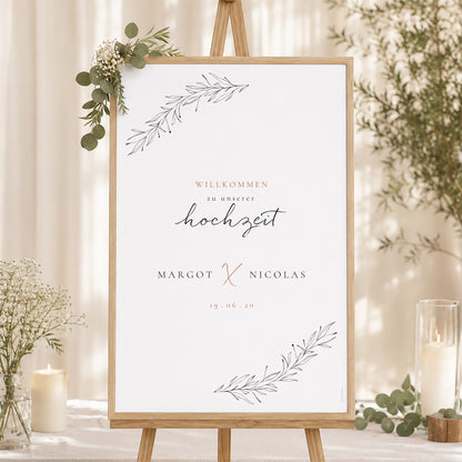 Begrüßungstafel Hochzeit Porträt 60 x 90 cm Zimtfarbene Kalligraphie foto N° 1