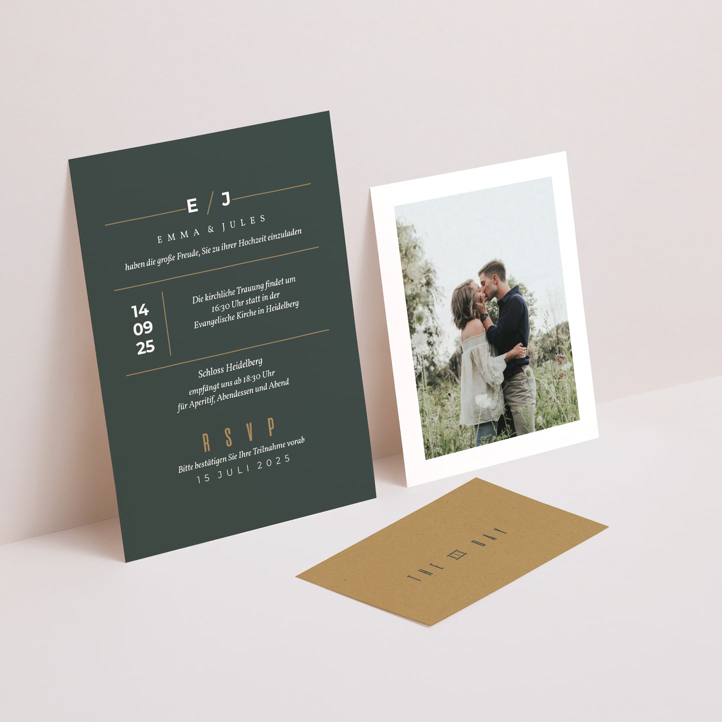 Hochzeitseinladung 3 Karten, Band Grün & Kraft foto N° 2