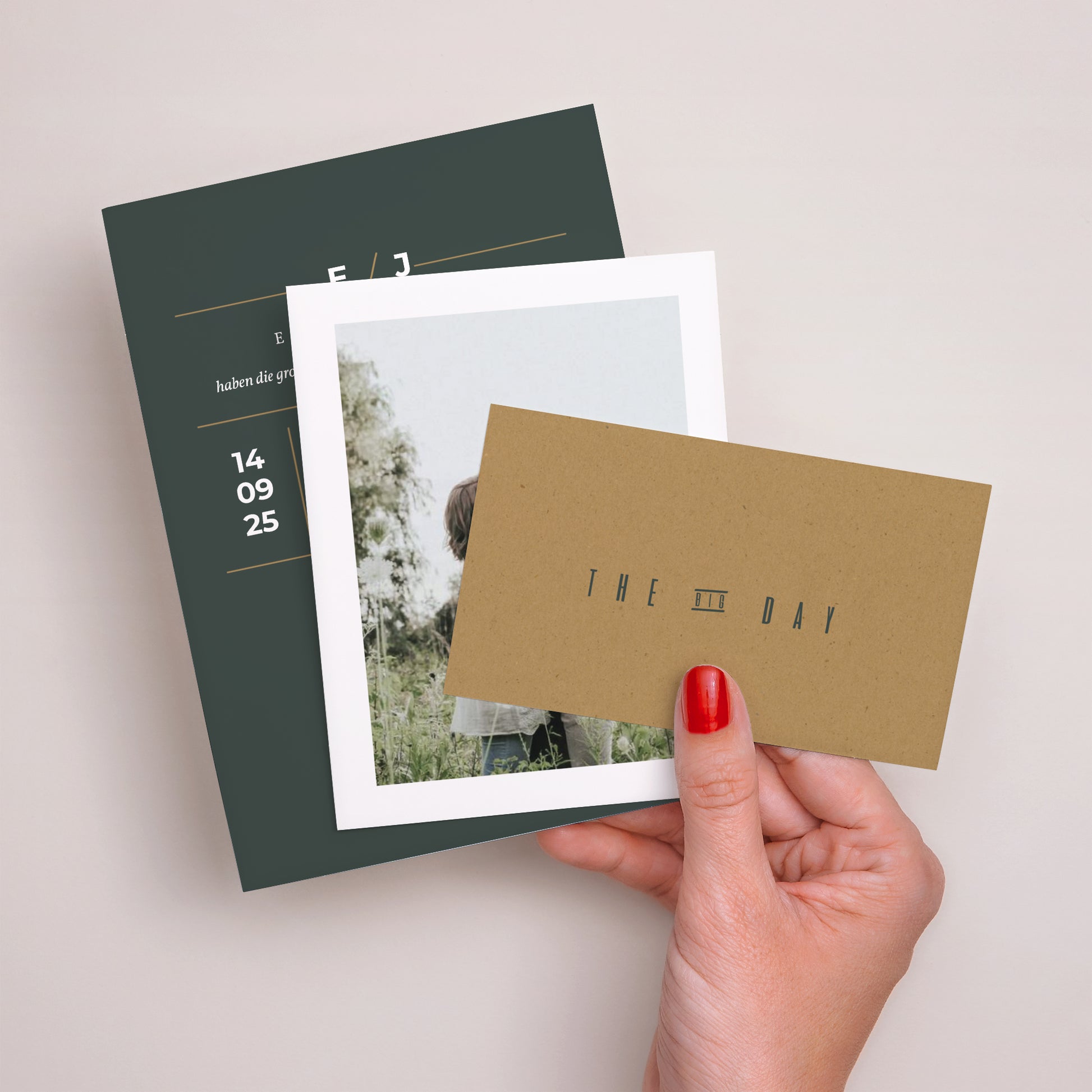 Hochzeitseinladung 3 Karten, Band Grün & Kraft foto N° 3
