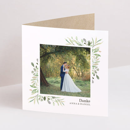 Dankeskarte Hochzeit Doppelflügiges Quadrat Rahmen Blätter foto N° 1