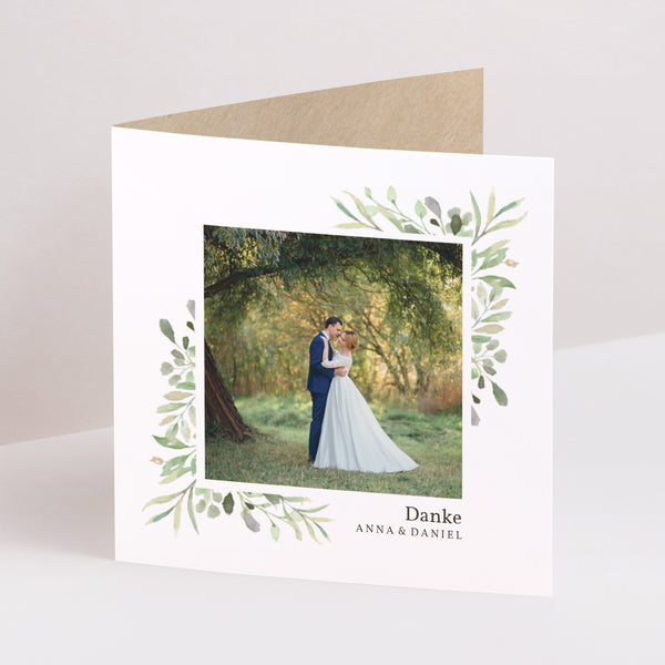 Dankeskarte Hochzeit Doppelflügiges Quadrat Rahmen Blätter foto