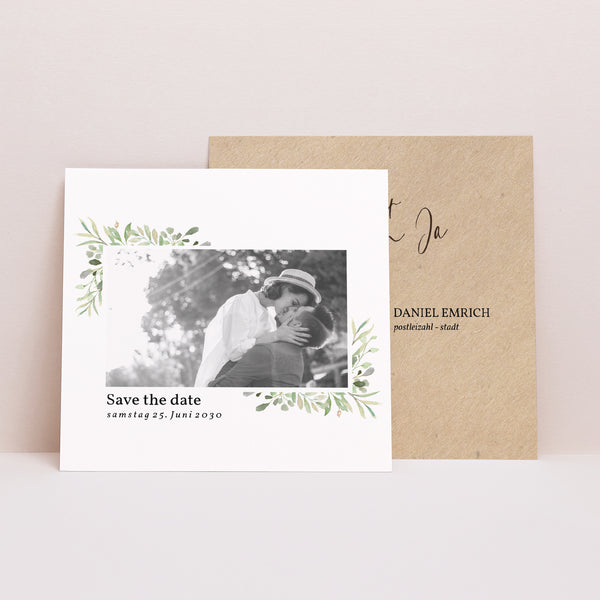 Save the date Karte Hochzeit Quadrat Rahmen Blätter foto