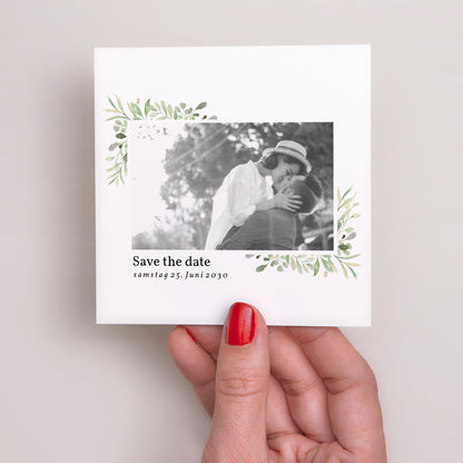 Save the date Karte Hochzeit Quadrat Rahmen Blätter foto N° 2