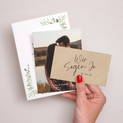 Hochzeitseinladung 3 Karten, Band Rahmen Blätter foto N° 3