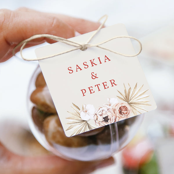 Geschenkbox Hochzeit Kugel mit quadratischem Etikett Böhmisches Quadrat foto
