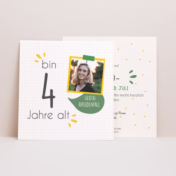 Einladungskarte Geburtstag Quadrat Ich bin vier Jahre alt foto