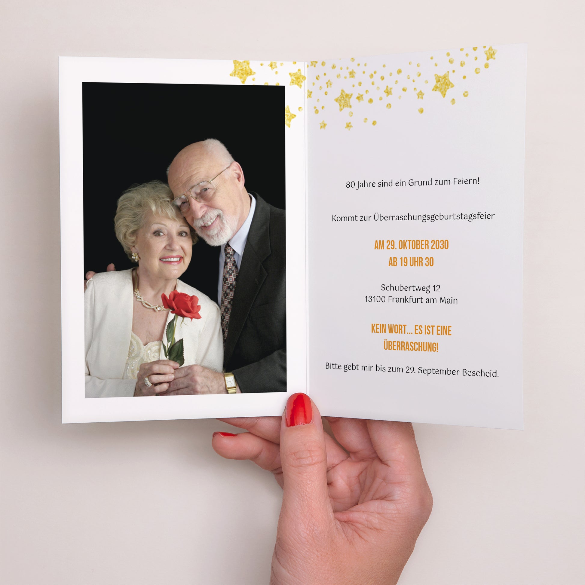 Einladungskarte Geburtstag Doppelter Porträtflügel 80 Jahre, Festlich, Lack foto N° 2