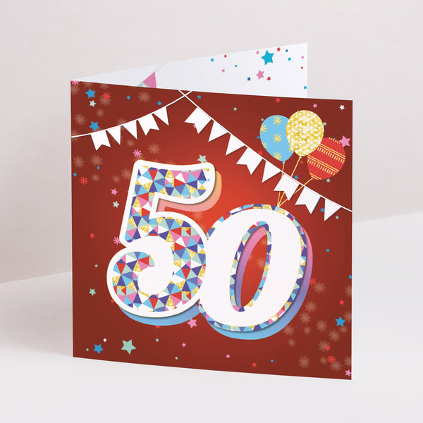 Einladungskarte Geburtstag Doppelflügiges Quadrat 50 Jahre, Zirkus, Lack foto