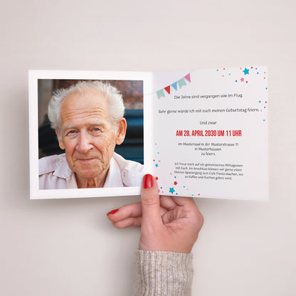 Einladungskarte Geburtstag Doppelflügiges Quadrat 90 Jahre, Zirkus, Lack foto N° 2