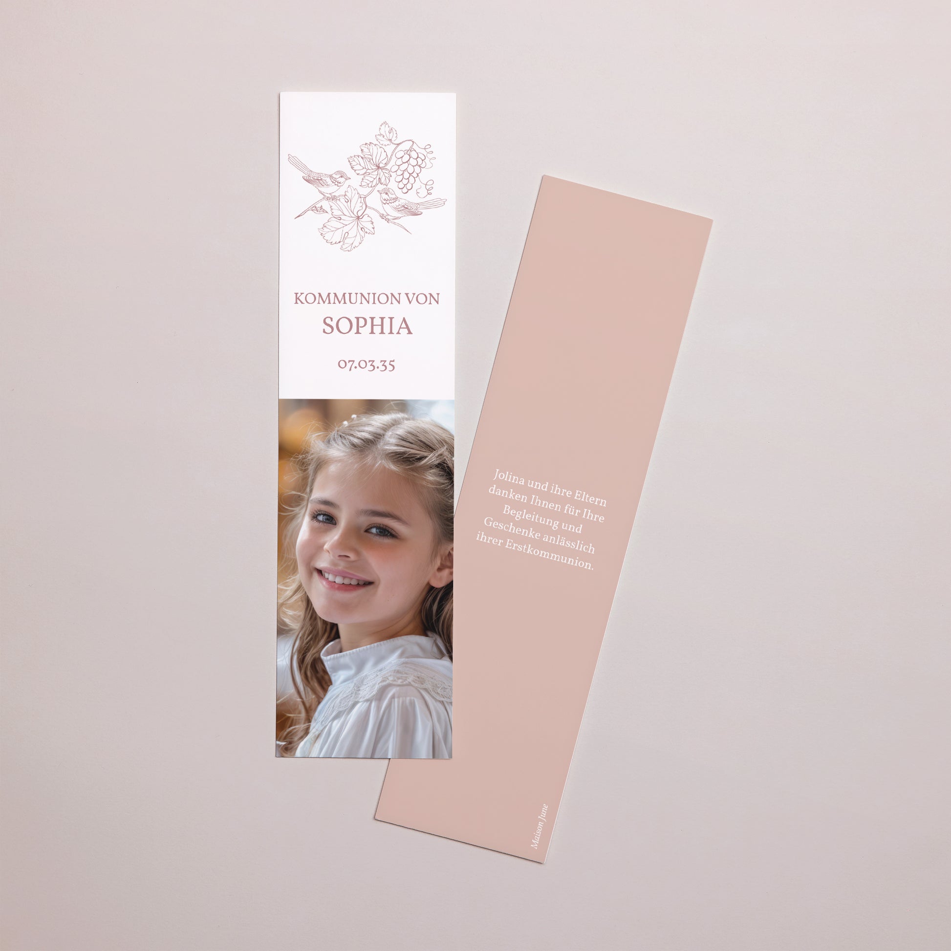 Dankeskarte Kommunion Lesezeichen Vögel und Foto, Weinrebe, Rose foto N° 1