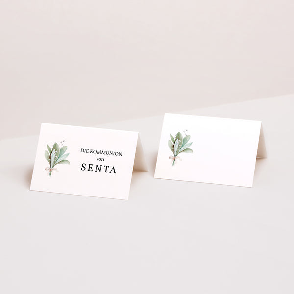 Tischkarten Kommunion Quer Blumenkranz, Medaillon und Goldkreuz foto