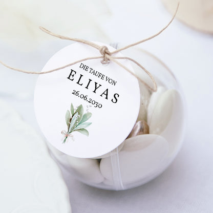 Geschenkbox Taufe Kugel mit runder Etikette Blumenkranz II foto N° 1