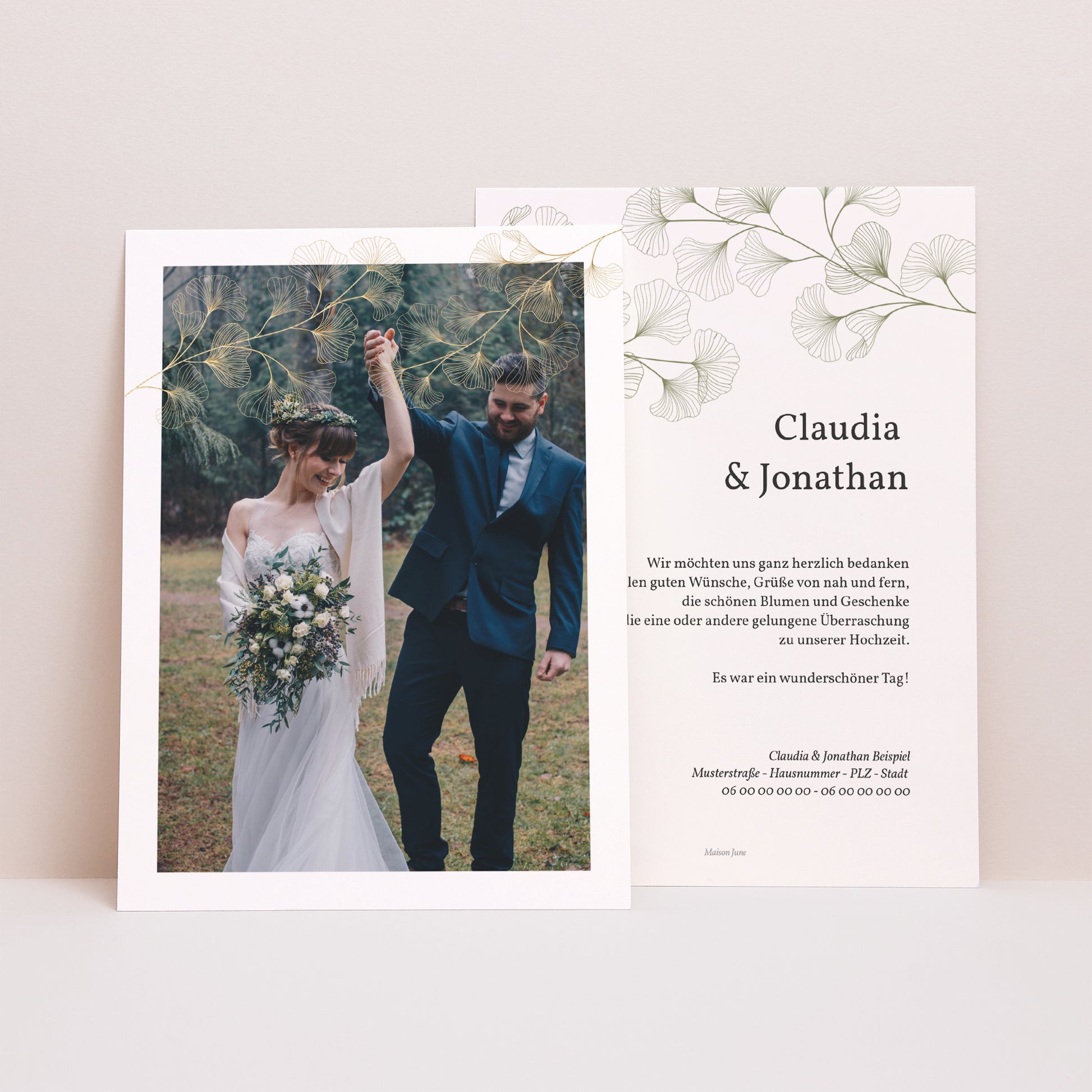 Dankeskarte Hochzeit Ginkgo Biloba, Goldene Blätter foto N° 1
