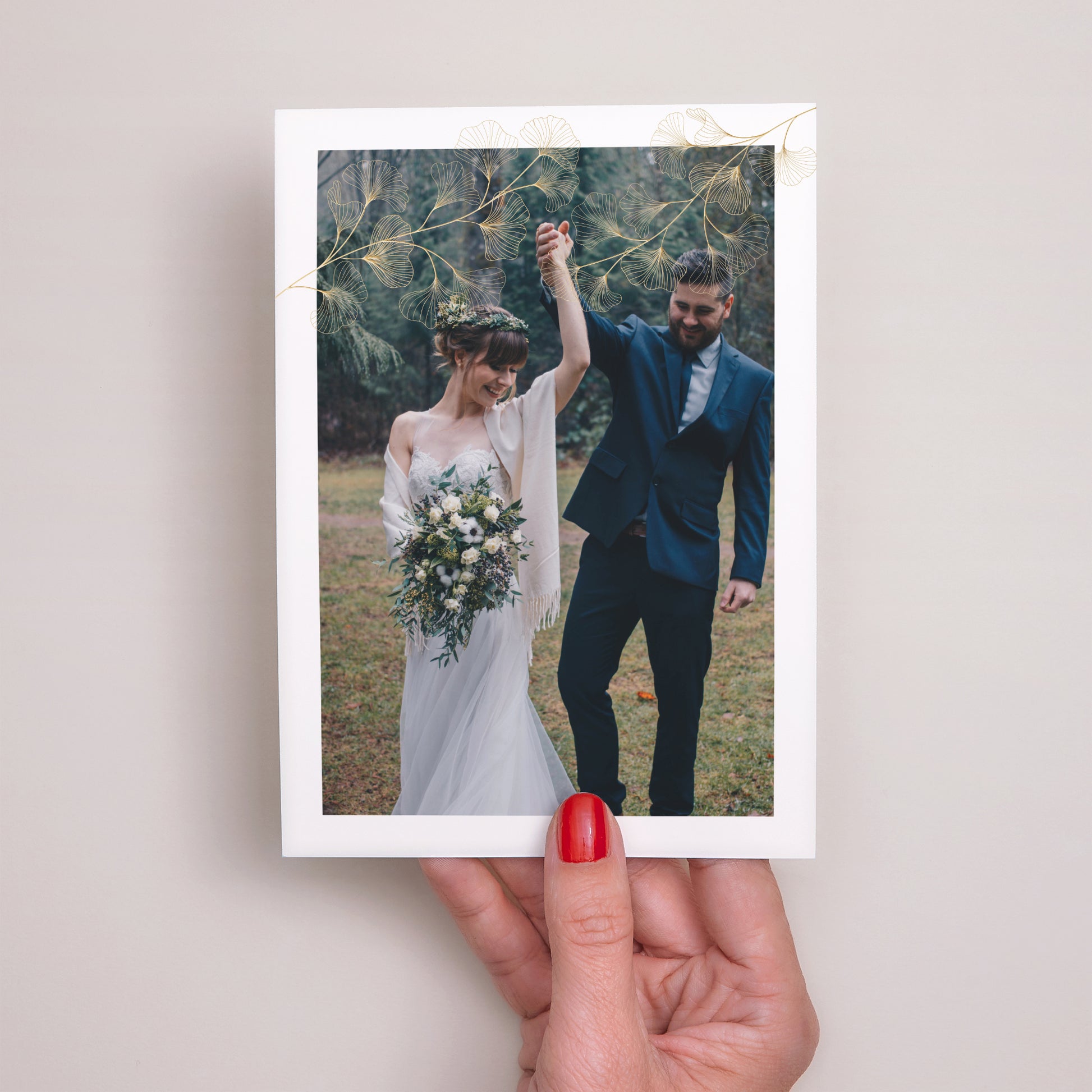 Dankeskarte Hochzeit Ginkgo Biloba, Goldene Blätter foto N° 2