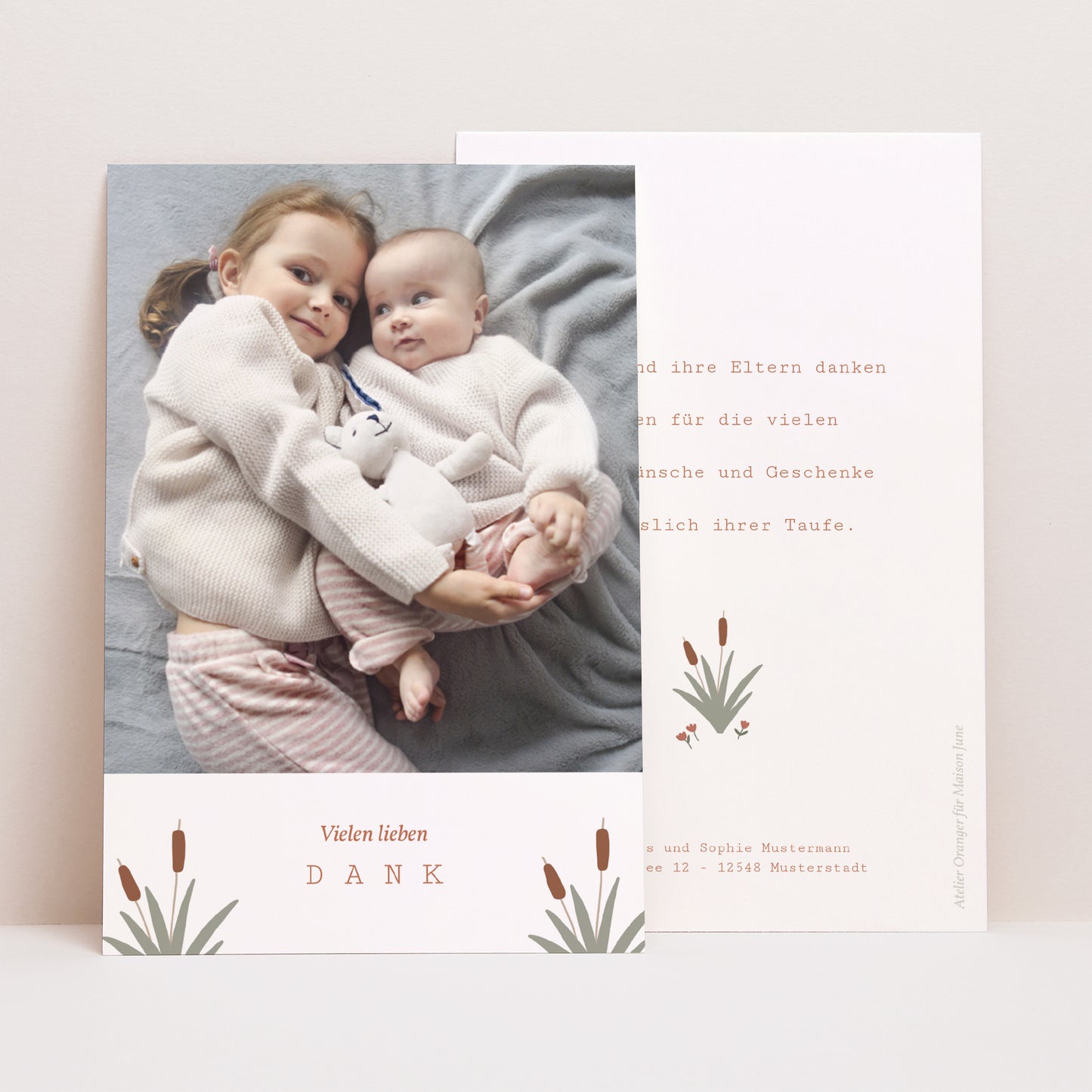 Dankeskarte Taufe PortraitPorträt Baby Schwan, Ocker Braun foto N° 1