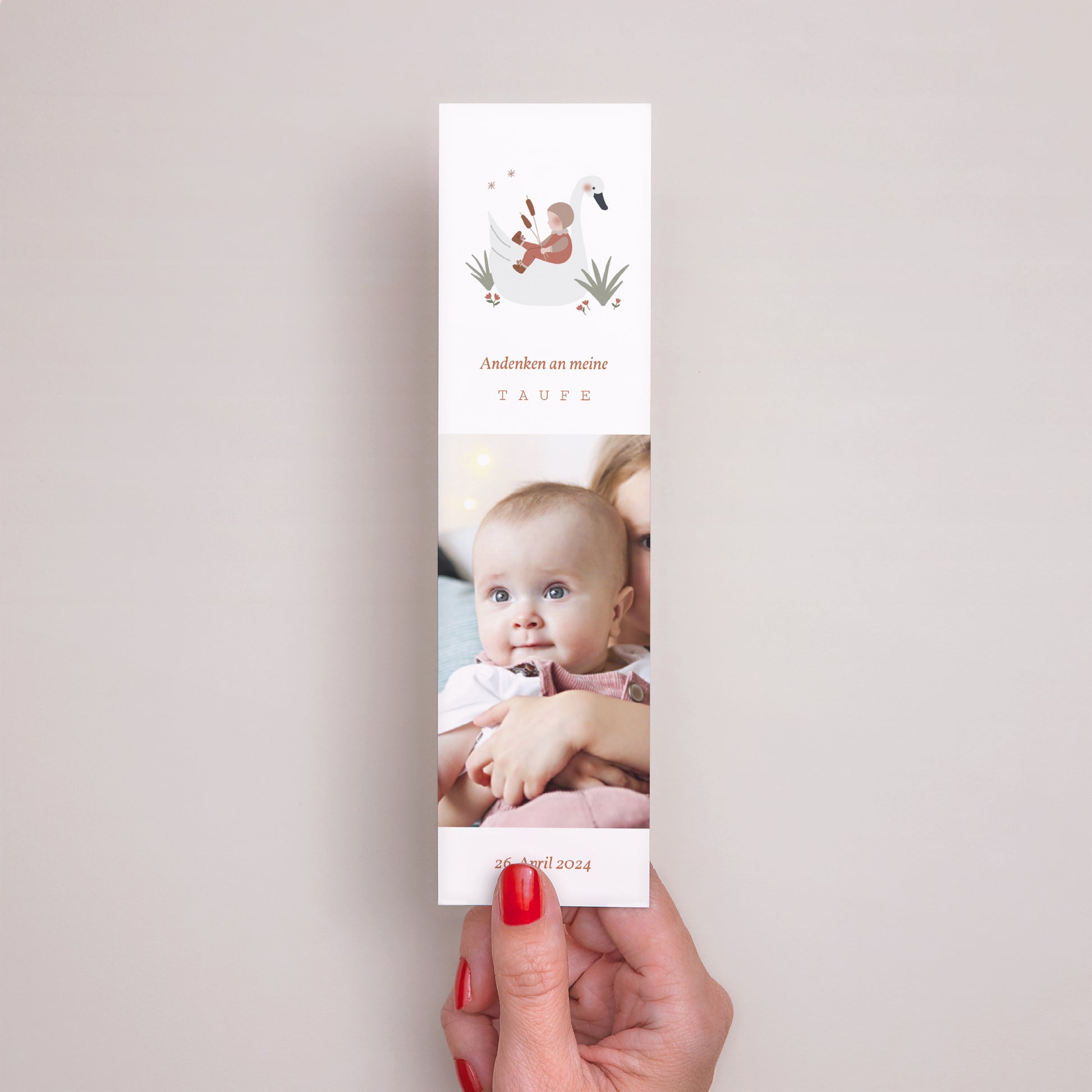 Lesezeichen Taufe Lesezeichen Baby Schwan, Ocker Braun foto N° 2