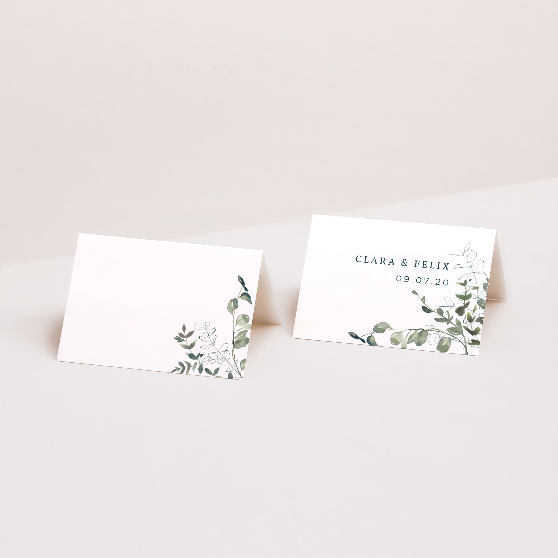 Tischkarten Hochzeit Quer Blumig und Eukalyptus foto N° 1