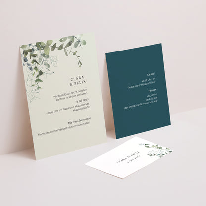 Hochzeitseinladung 3 Karten, Band Blumig und Eukalyptus foto N° 2