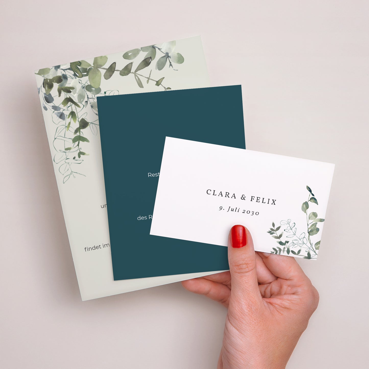 Hochzeitseinladung 3 Karten, Band Blumig und Eukalyptus foto N° 3