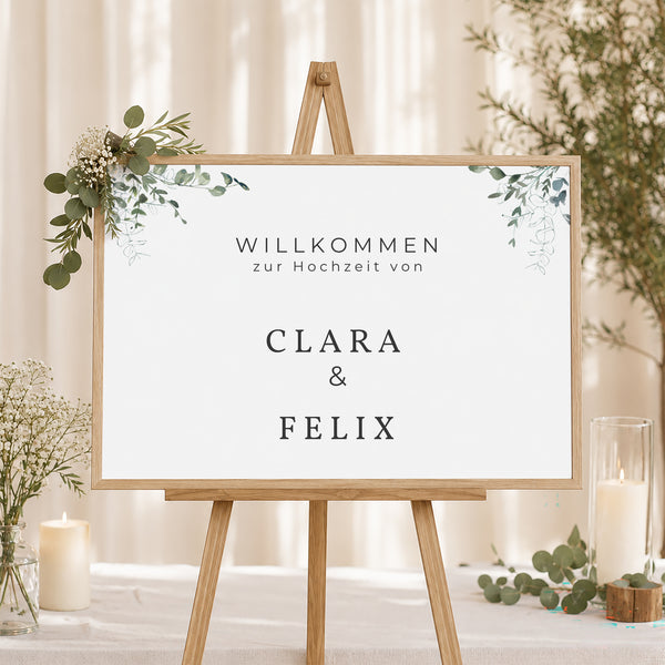 Begrüßungstafel Hochzeit Landschaft 90 x 60 cm Blumig und Eukalyptus foto