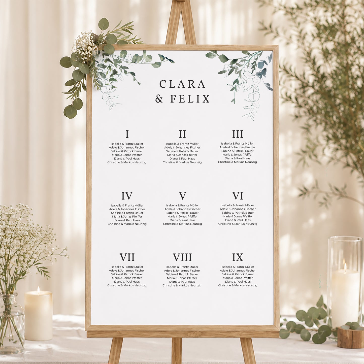 Sitzplan Hochzeit Porträt 60 x 90 cm Blumig und Eukalyptus foto N° 1