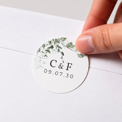 Sticker Hochzeit Rund Blumig und Eukalyptus foto N° 1