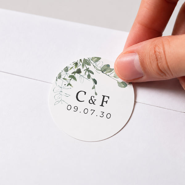 Sticker Hochzeit Rund Blumig und Eukalyptus foto
