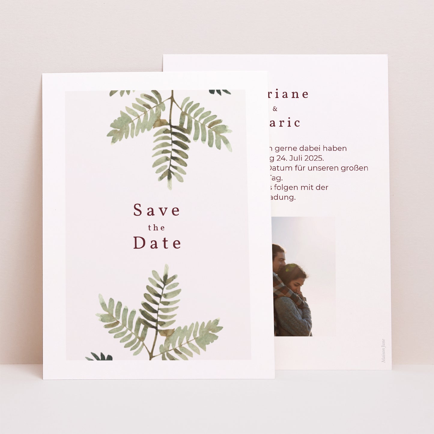 Save the date Karte Hochzeit Porträt Blumiger Akkord, Dahlie & Farnkraut foto N° 1