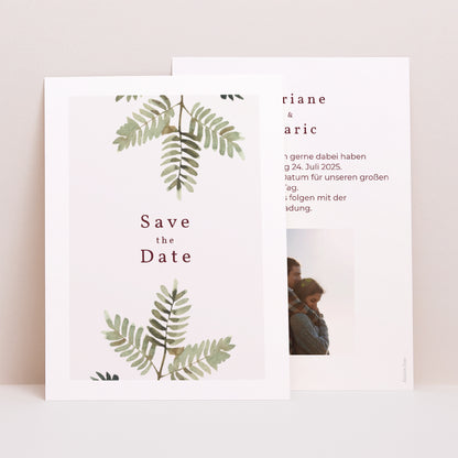 Save the date Karte Hochzeit Porträt Blumiger Akkord, Dahlie & Farnkraut foto N° 1