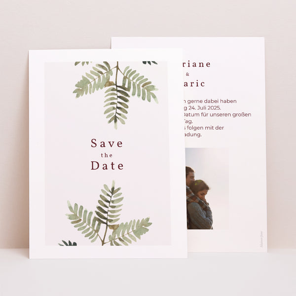 Save the date Karte Hochzeit Porträt Blumiger Akkord, Dahlie & Farnkraut foto